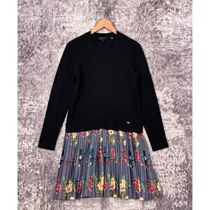 Ted Baker Dress 3 / US 8 Womens Black Wool Knit Sweater Pleated Floral Layered